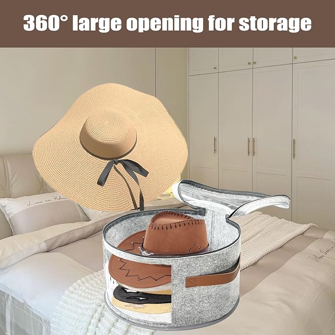 STARGAZ Hat Organizer Box, Stackable Hat Box for Women Storage, Large Felt Cowboy Hats Storage Boxes, for Straw Hats, Baseball Cap for Men With Clear Dust Proof Lid, for Closet (Light Gray)