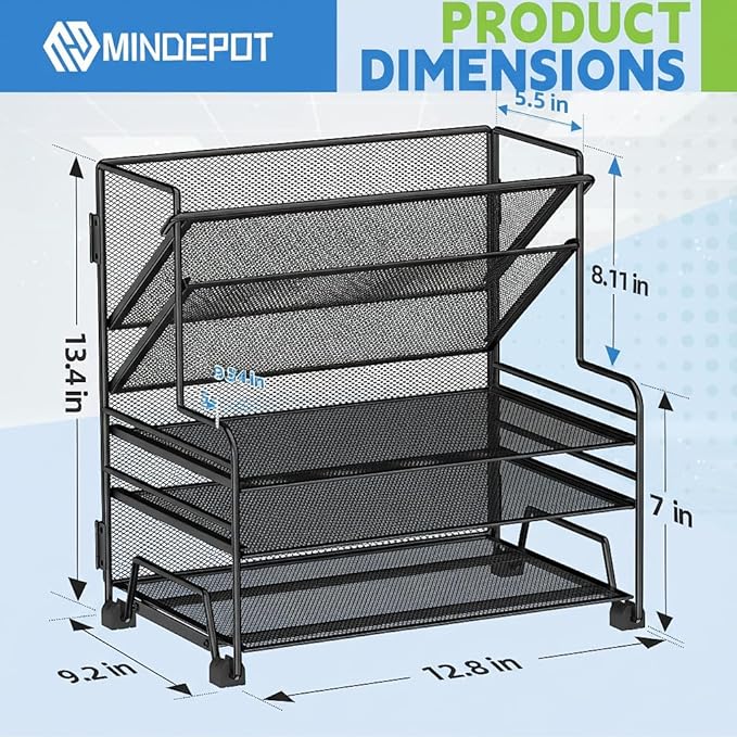 4-Tier Paper Organizer + 3-Pocket File Holder, Desktop File Organizers Paper Tray for Office School Classroom Workspace Organization (Black Desk Organizer, No Drawer & No Pen Holder)