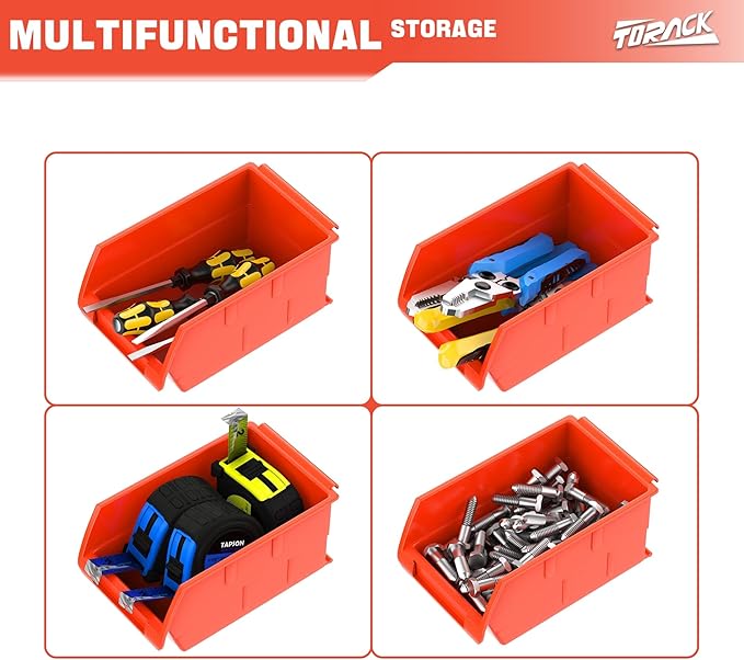 TORACK Wall-Mounted Storage Bins - 8 Plastic Bins & 2 Metal Tracks for Tools Organization in Garage, Craft Room, and Shop(Orange)