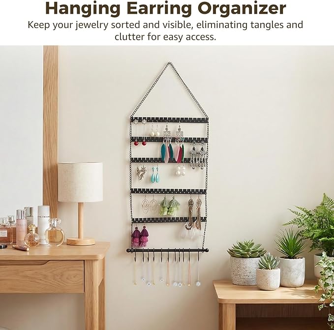Wall Mounted Jewelry Organizer, 19.3 x 9.8 in, 6-Tier Foldable Hanging Earring Organizer with 10 Hooks, Black Metal Earring Holder Display Rack