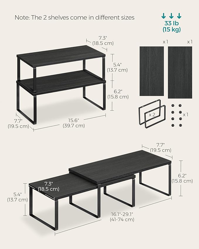 SONGMICS Cabinet Organizer Shelf, Set of 2 Kitchen Counter Shelves, Kitchen Storage, Spice Rack, Stackable, Expandable, Metal and Engineered Wood, Ink Black and Charcoal Black UKCS025B01