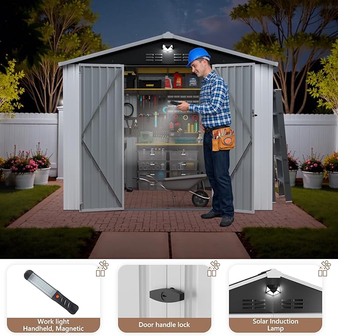 10X8 FT Outdoor Storage Shed, Metal Garden Shed - Tool Storage Sheds with Lockable Doors, Waterproof Outside Storage Building for Backyard, Patio (White; Floor Not Included)