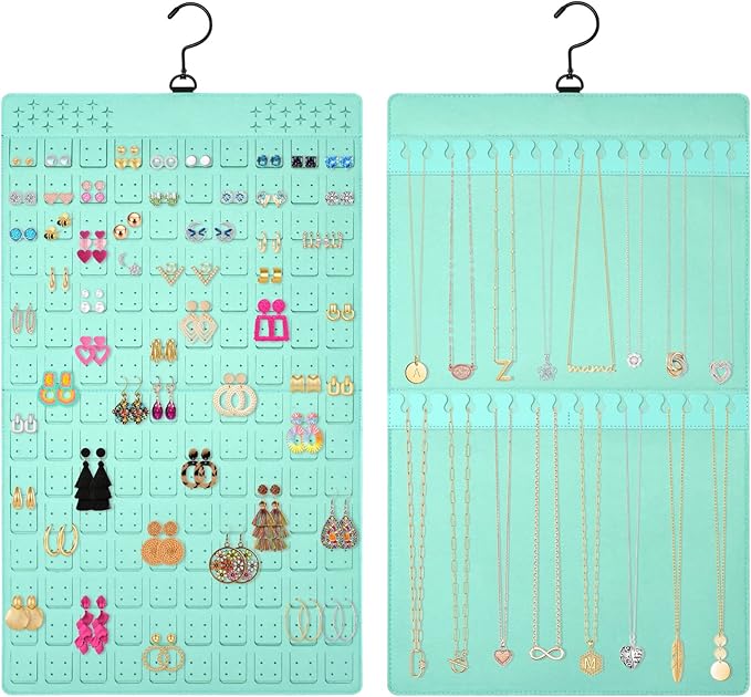 Dual-Sided Hanging Jewelry Organizer Holds Up to 300 Pairs of Earrings and 30 Necklaces (1 Pack)