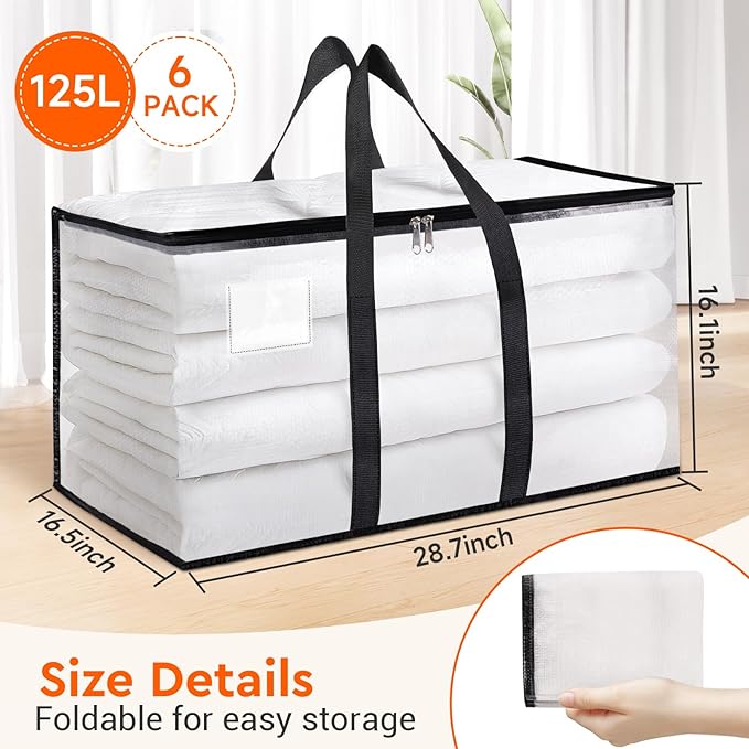 BlissTotes Moving Bags, 125L 6-Pack Storage Bags, Moving Box Heavy Duty Extra Large, Moving Totes with Zipper, Reinforced Handles Boxes for Packaging Moving, Decorative Wreath Storage
