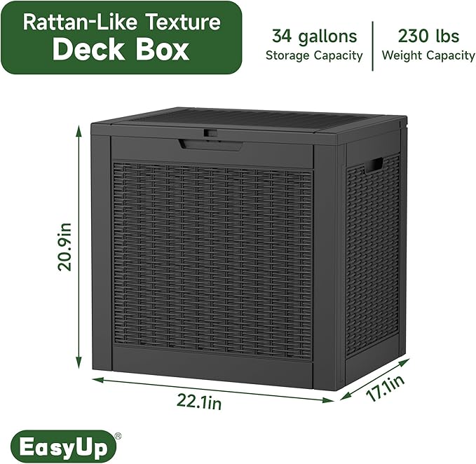 EasyUp 34 Gallon Resin Deck Box Waterproof, UV Resistant Outdoor Storage Box for Delivery, Garden, Patio,and Porch, Rattan Black