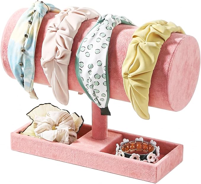 Coward Headband Organizer Holder Stand, Ear Headband Storager Display Stand Rack with Blank Tray for Hairband, Hairpin, Scrunchies,Chain Jewerlry and Hair Accessories (Peach Velvet)