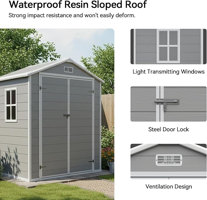 Aoxun 6x4 FT Outdoor Storage Shed, Plastic Garden Resin Shed with Floor and Window for Patio, Lawn, Outdoor Storage with Lockable Door for Bike, Garbage Can, Tools, Grey