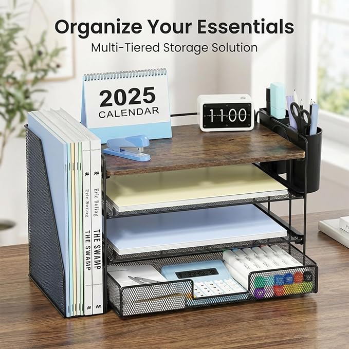 OPNICE Desk Organizers and Accessories, 4-Tier Desktop File Organizer with Drawer and 2 Pen Holders, Office Desk Accessories Workspace Organizers for Office Supplies(Wood)