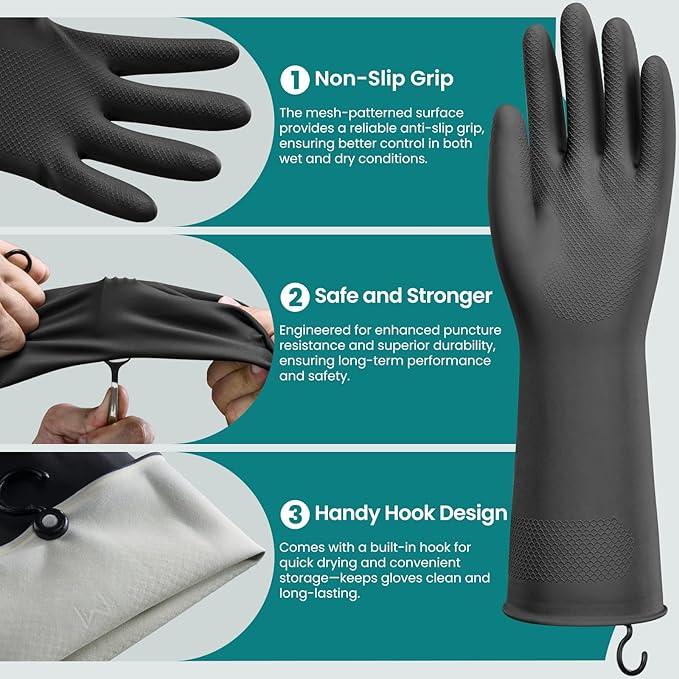 4 Pairs Rubber Dishwashing Gloves with Hanging Hooks - Reusable Cleaning Gloves for Kitchen & Household, Non-Slip, Durable and Flexible (Large, 4 Colors)
