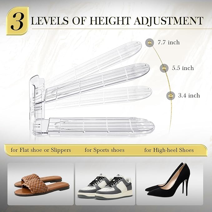Shoe Slots Organizer 20 Pack - Shoe Stackers, 3 Levels Adjustable, Space Savers 50%, Double Layer Holders for Closet (Transparent), Organizador de Zapatos