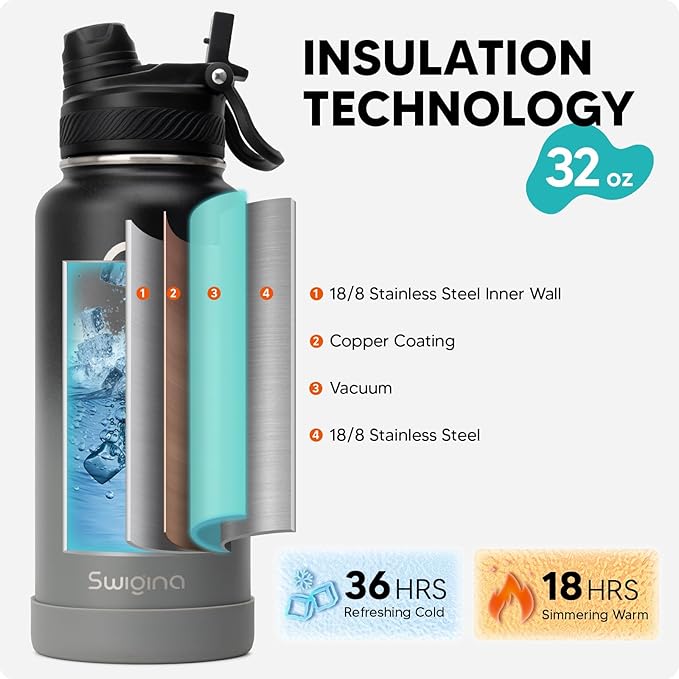 [2-IN-1 LID] Insulated Water Bottle with Silicone Boot (36hrs Cold/18hrs Hot) - DIY Stickers, Leakproof, BPA Free, 32 oz