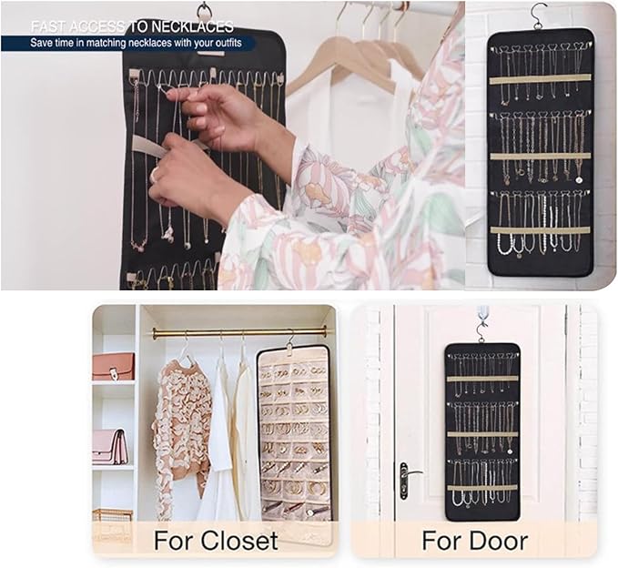 Jewelry Organizer Hanging Storage Roll-Large Closet Wall Jewelry Storage Organizer with Hanger Metal Hooks Travel Jewelry Holder for Earrings, Necklaces, Rings (Black)