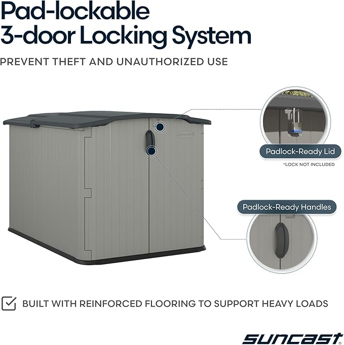 Suncast 138 Cu Ft Horizontal Outdoor Storage Shed, 57.5"x79.75"x52" Glidetop Outdoor Shed with Sliding Lid, Resin Storage Sheds with Floor for Bikes, Motorcycles, & Lawn Mower, Made in The USA
