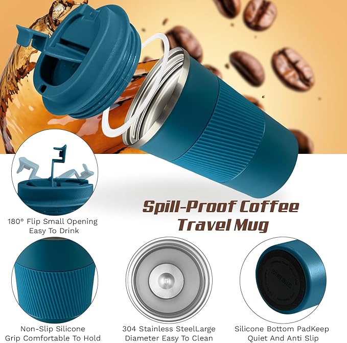 Vacuum-Insulated Stainless Steel Travel Coffee Mug, Leak-Proof Reusable Coffee Cup with Lid - Keep Hot & Cold Drinks for Hours, Durable Insulated Tumbler for Men & Women(3rd-Blue, 12OZ)