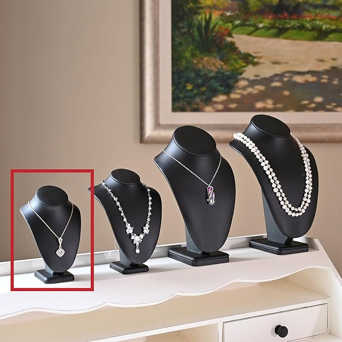 MOOCA 2 Pcs Deluxe Faux Leather Small Necklace Chain Jewelry Display Holder, Jewelry Stand, Necklaces Display Mannequin Bust Stand, 6.25”H, Black Faux Leather
