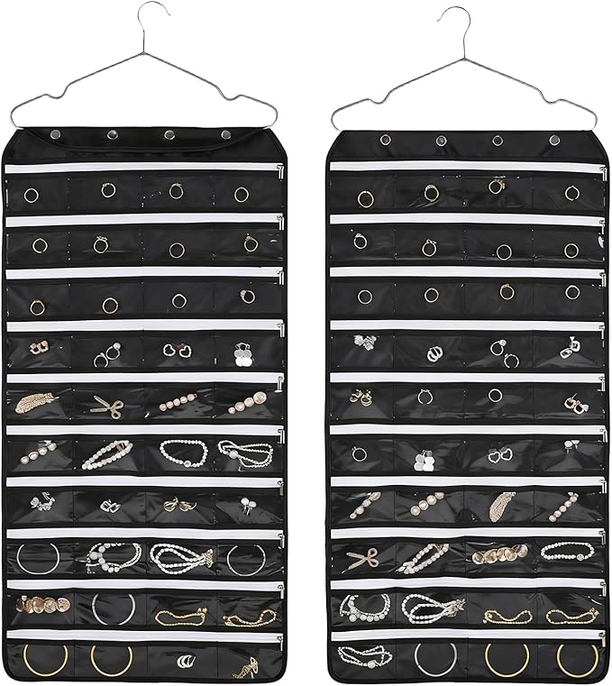 Hanging Jewelry Organizer Storage Roll 80 Zippered Pockets with Detachable Hanger Double-Sided Foldable, Travel Jewelry Holder for Earrings, Rings, Bracelets, Hanging on Closet, Wall, Door, Black