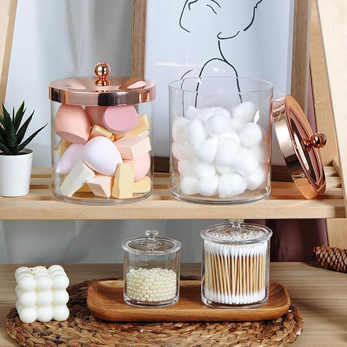 SheeChung 50oz Large Apothecary Jar with Rose Gold Rust-Proof Lid - Shatterproof Plastic Laundry Pods Container - Chic Rose Gold Bathroom & Vanity Storage Organizer for Scent Beads, Salts