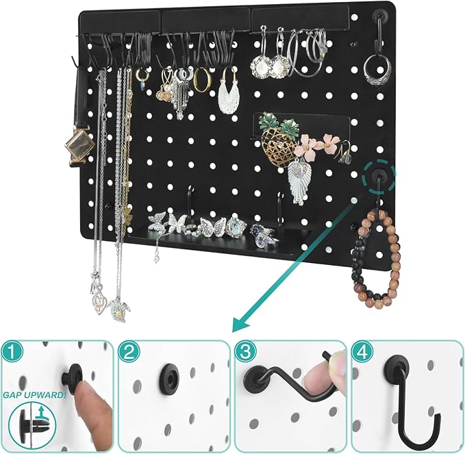 Wall Pegboard Jewelry Organizer - Versatile Jewelry Holders for Necklace Earring Bracelet Ring with Magnetic Racks Display Tray S Hooks J Hangers - Hanging Cabinet Closet Dresser Adhesive Mount Set