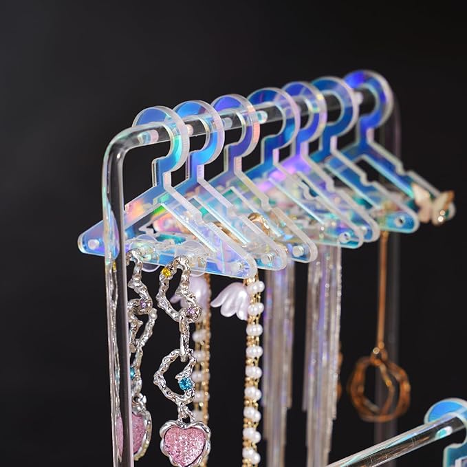 NiHome Acrylic Earring Holder with Unique Double-Tiered Design, Miniature Clothing Hangers with Spacious Storage for 48 Pairs, Mirror-Finish Display for Home Vanity & Retail Showrooms (Iridescent)