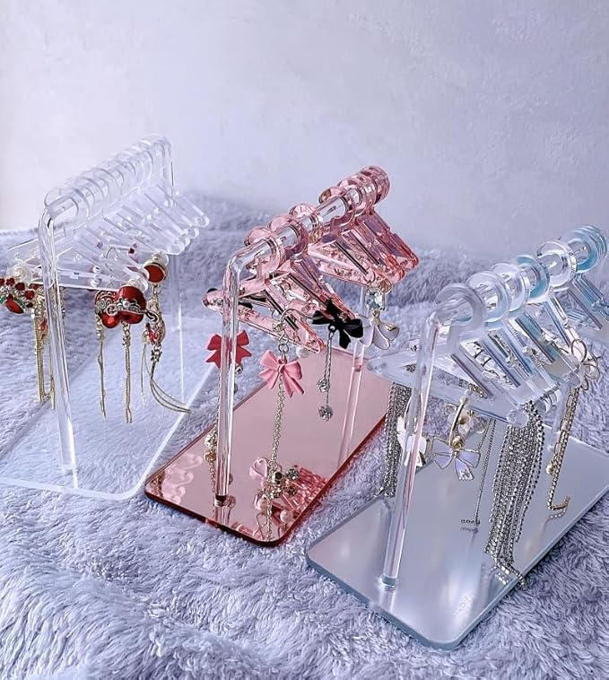 Earring Hanger Rack with 8 Mini Coat Hangers, Acrylic Earring Holder Display Stand, Ear Studs Hanging Earrings Organizer For Women Girls,Rose Gold