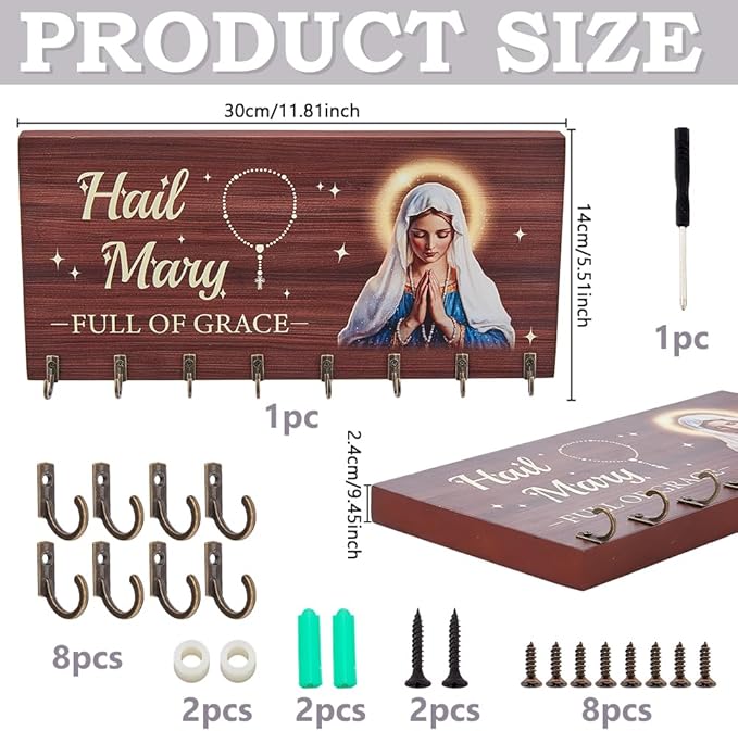 DICOSMETIC Wooden Rosary Holder Wall Mounted with 8 Hangers Wall Mounted Necklace Organizer Large Catholic Rosary Holder for Necklace, Bracelet Prayer Storage, 14x30x2.4cm
