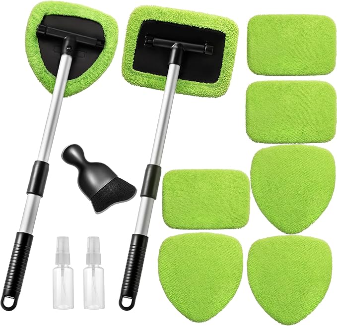 11pcs Windshield Cleaner Tool, Car Window Cleaning Wash Kit with 6 Reusable Microfiber Pads 2 Spray Bottles and Extendable Handles Auto Glass Wiper Kit, Green