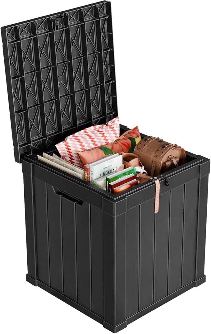 ROJIK Outdoor Storage Housing Deck Box - Waterproof Patio Furniture, Garden Tools, Cushions, Pool Accessories Storage Bench with Lockable Lid and Side Handles (Black, 50 Gal)