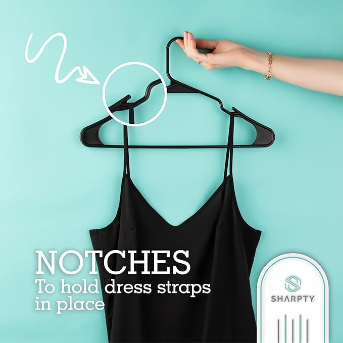 Sharpty Plastic Hangers, 35 Pack, Slim, Space Saving, Heavy Duty, Notched, Durable, Thick, Tough, Black