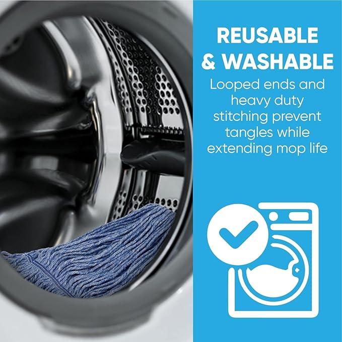 20oz Heavy Duty Cleaning Mop Head Replacement - Commercial Replacement, Wet Industrial Blue Cotton Looped End String Head Refill (10 Pack)
