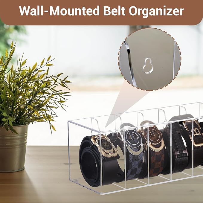 Acrylic Belt Organizer for Closet - 7 Compartments With Dust Cover Transparent Storage Holder | Display Case for Makeup, Jewelry, Watches, Bow Tie, & Bracelets | Multipurpose Clear Containers