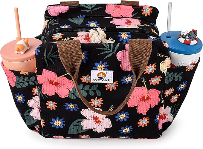 Lunch Box for Women, Large Capacity Lunch Bag Women with Bottle Holder & Side Pockets,Cute lunch box Insulated Lunch tote bag for Work Office Travel Picnic (Flower)