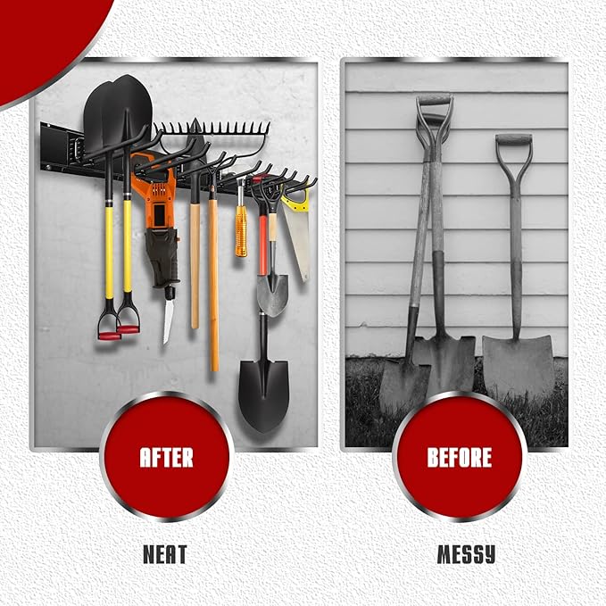 Charmount 48" Garage Storage Wall Organizer with 600lbs, 6 Hooks Broom Holder Wall Mount, Garden Tool Organizer, Easy Installation Tool Storage to Accommodate Brooms, Hoses, Yard Tools and More