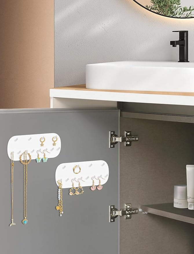 NiHome Wall Mounted Jewelry Organizer Set of 2 – 12 Hook Rounded Rectangle Design, No-Drill Installation – Premium PP Plastic, Moisture-Proof, Space-Saving Storage – 14CM x 6CM x 1.6CM White