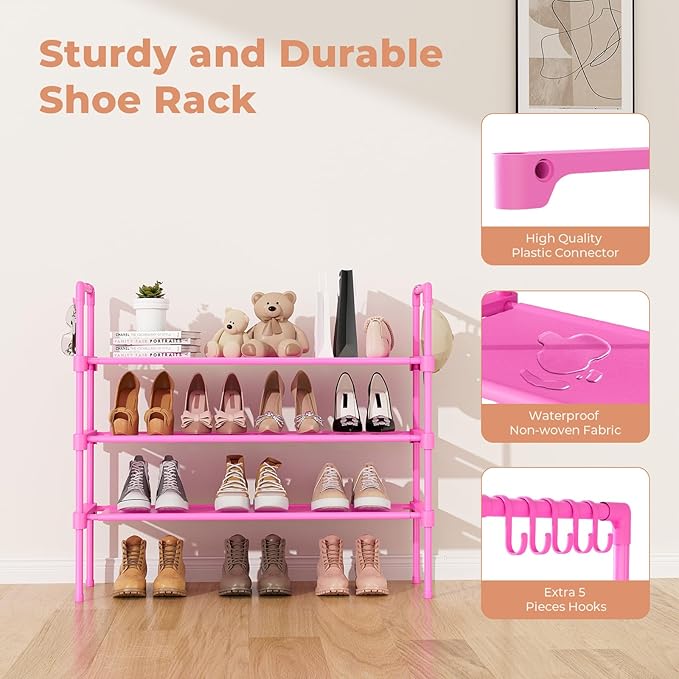 3 Tier Shoe Rack for Closet, Shoe Organizer with 5 Hooks, Long Shoe Shelf Storage for Shoe and Boot Stackable Free Standing Shoe Rack for Entryway, Garage, Small Spaces, Dorm, Pink