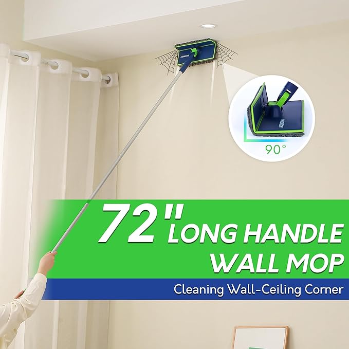 BOOMJOY Wall Cleaner Mop with Foldable Panel, Baseboard Cleaner Tool with 72" Long Handle, Cleaning Mop Duster for Walls, Ceilings, Baseboards, Floors