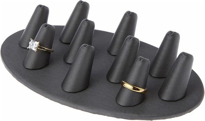 Plymor Gray Faux Leather Ring Finger Display, Ten on Oval Base, 7.5" W x 4.5" D x 1" H (Pack of 12)