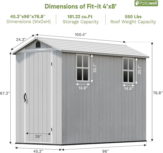 Patiowell 4 x 8 FT Plastic Outdoor Storage Shed with Floor, Garden Tool Resin Storage Shed with Two Windows and Single Lockable Door for Garden, Backyard, Lawn, Easy to Install, Light Grey
