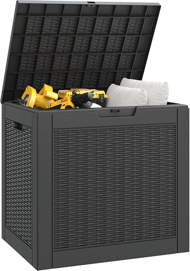 30 Gallon Outdoor Storage Box, Resin Deck Boxes Outdoor Waterproof For Patio Furniture, Garden Tools, Pool Supplies, Lockable And UV Resistant (Rattan Gray)