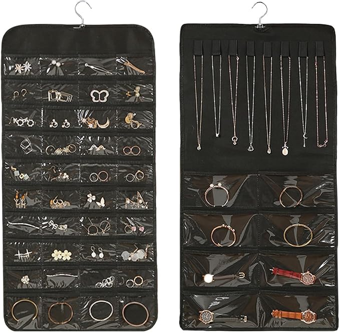 Muka Hanging Jewelry Organizer, Double Sided Foldable 48 Pockets Closet Jewelry Organizer Storage with Hanger, Black
