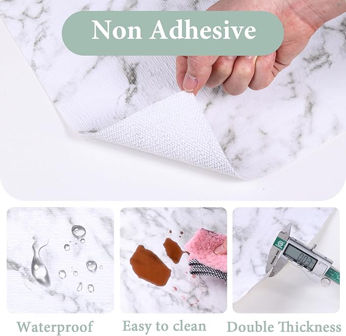 2-Layer Drawer and Shelf Liner for Kitchen Cabinet: 35.4 in X 39.5 Ft Non Slip Waterproof Shelf Paper Non Adhesive Refrigerator Liners White Marble Easy Liners for Bathroom with Knife Tape Measure