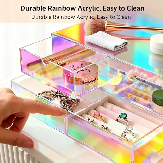 AZY Rainbow Acrylic Earring Organizer 2-Tier 3-Drawer with 6 Compartments, Multi-Purpose Vanity Countertop Organizer, Velvet Jewelry Tray for Rings, Necklaces, Makeup & Small Accessories