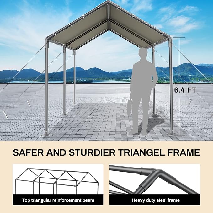 Carport 10x20 Ft Heavy Duty Canopy Steel Canopy Storage Shed,Portable Party Tent,Portable Garage All-Season Tarp for Carport Floor Fixing Beige