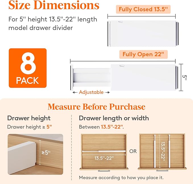 Lifewit 8 Pack 5" High Drawer Dividers 34-56cm/13.5-22" Adjustable Drawer Organizer for Clothes/Utensils, Expandable Drawer Separator in Dresser/Kitchen/Bedroom/Office Organization & Storage White
