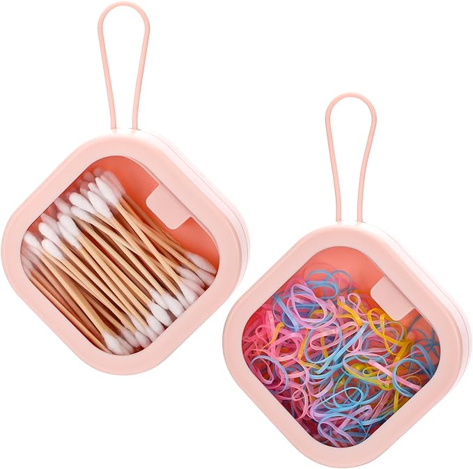 Soleebee 2pcs Portable Hair Tie Organizer Box Qtip Holder, Small Hair Accessory Containers Travel Hair Tie Holder Cotton Swab Dispenser Stackable or Hanging Small Items Storage Box (Pink)