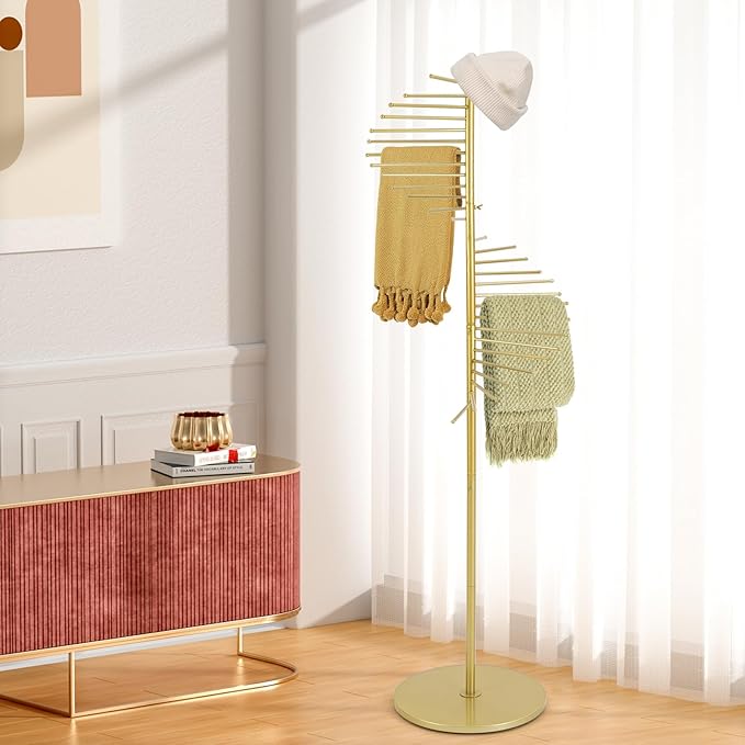 67" Freestanding Spiral Scarf Organizer - 30 Rods Metal Holder, Space Saving Hijab/Belt/Pants Rack for Closet, Clothing Store & Home