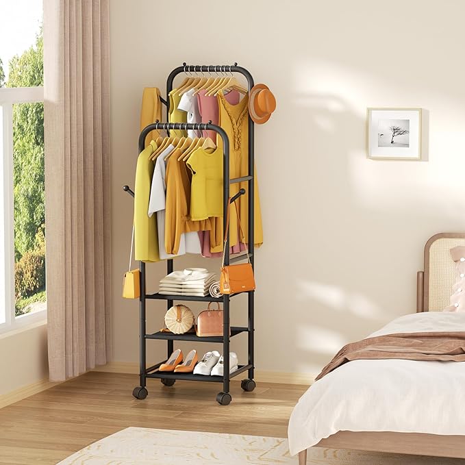 Furologee Rolling Clothing Racks for Hanging Clothes, Double Rods Clothes Rack With Wheels, Sturdy Coat Racks,Portable Metal Garment Rack for Bedroom Laundry Living Room, Black