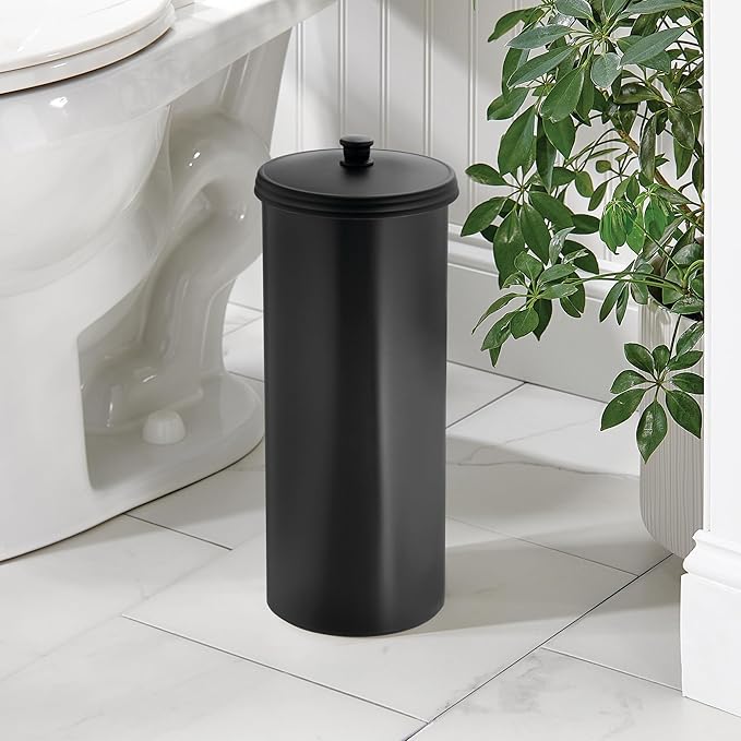 iDesign Freestanding Bathroom Toilet Paper Storage Holder with Lid for 3 Extra Rolls, Matte Black