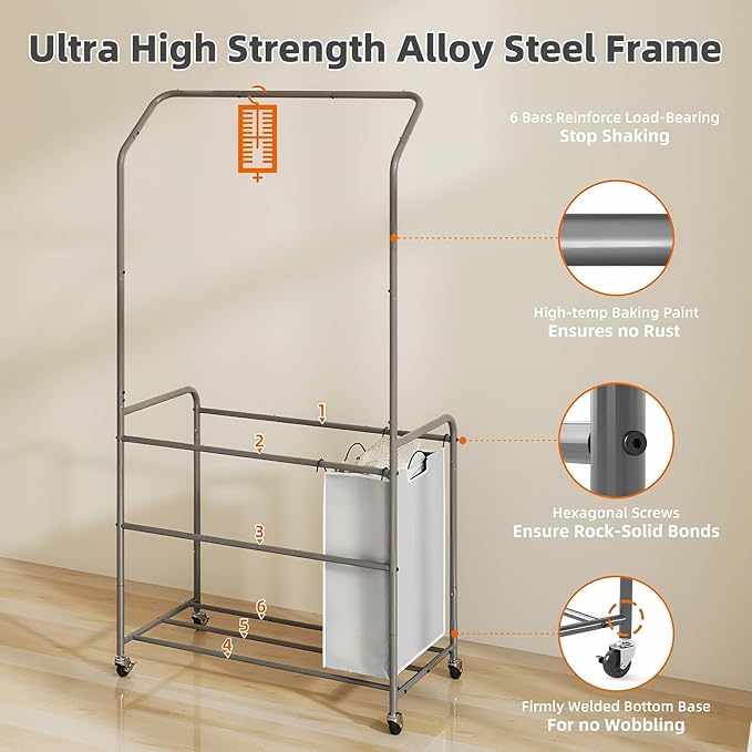 ROMOON Rolling Laundry Basket Organizer with Hanging Clothes Rack: 4 Section Laundry Hamper Sorter with Hanging Bar and Heavy-duty Lockable Wheels - Clothes Rack with Laundry baskets, 2025 Upgrade
