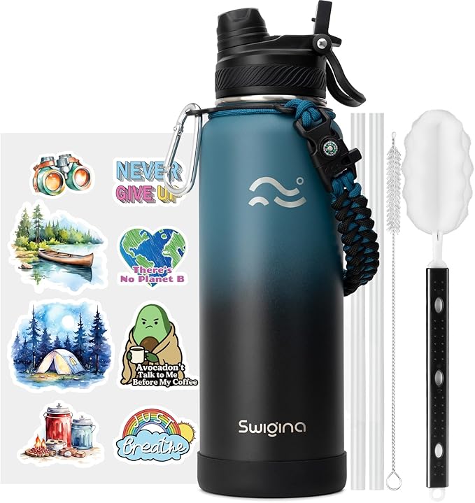 [2-IN-1 LID] Insulated Water Bottle with Silicone Boot (36hrs Cold/18hrs Hot) - DIY Stickers, Leakproof, BPA Free, 40 oz