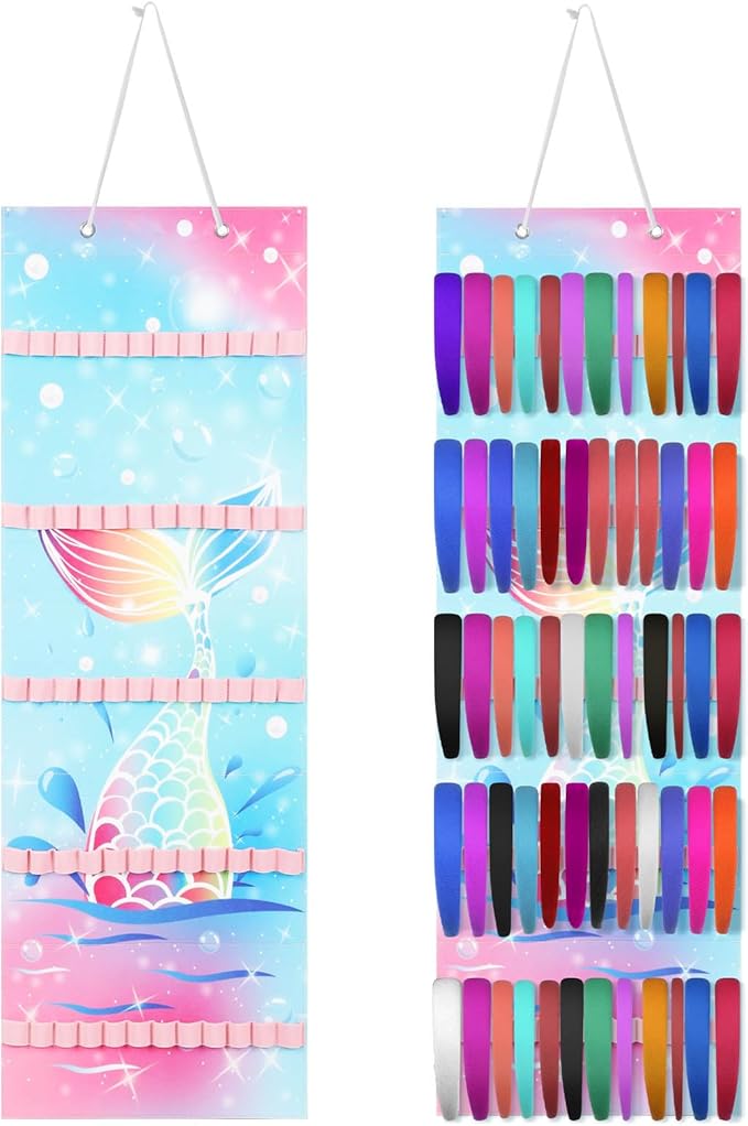Tudomro Hanging Headband Holder for Girls Felt Hair Accessories Organizer with 60 Elastic Bands Bow Hanger for Girls Hair Bows Without Headbands(Mermaid,Bright Color)